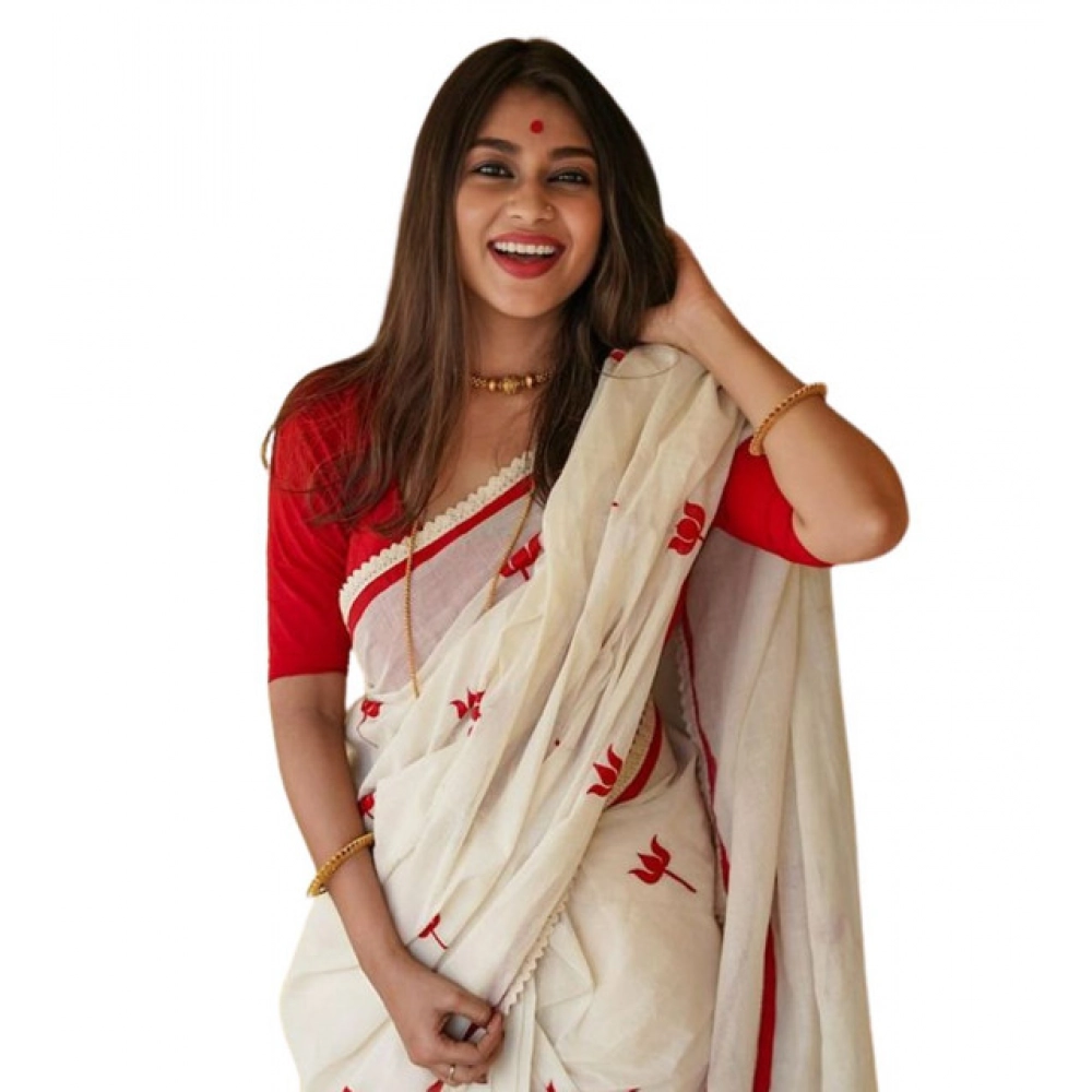 Generic Women's Linen Printed Saree With Unstitched Blouse 5.5Mtr (White)