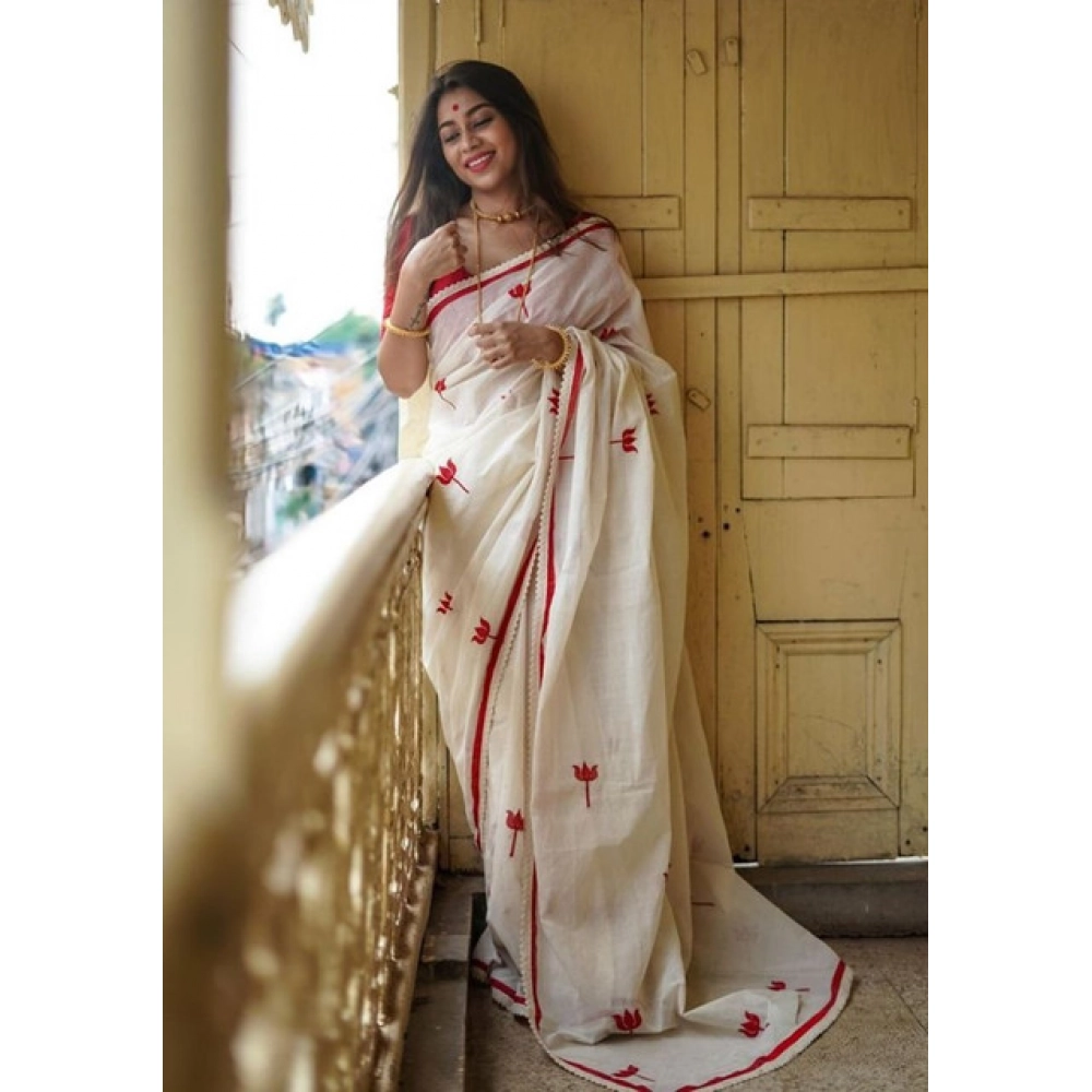 Generic Women's Linen Printed Saree With Unstitched Blouse 5.5Mtr (White) - Image 4