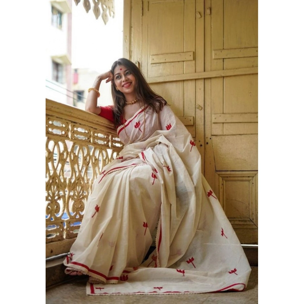 Generic Women's Linen Printed Saree With Unstitched Blouse 5.5Mtr (White) - Image 3