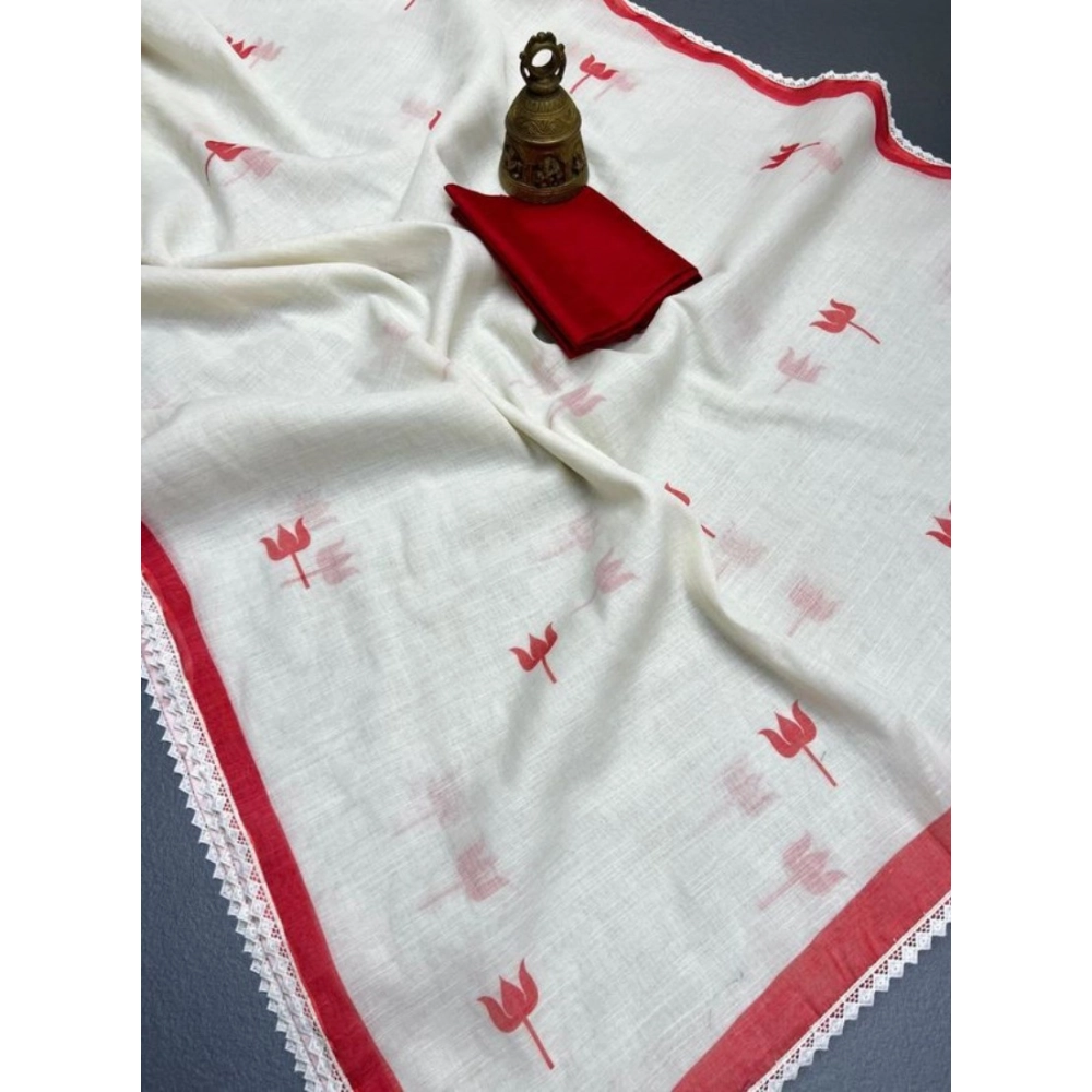 Generic Women's Linen Printed Saree With Unstitched Blouse 5.5Mtr (White) - Image 2
