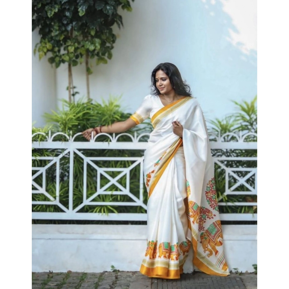 Generic Women's Linen Printed Saree With Unstitched Blouse 5.5Mtr (White)