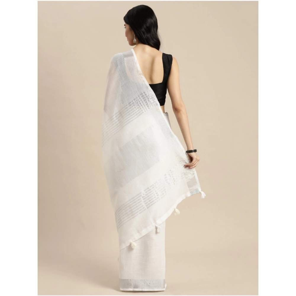 Generic Women's Linen Cotton Printed Saree With Unstitched Blouse 5.5Mtr (White) - Image 4