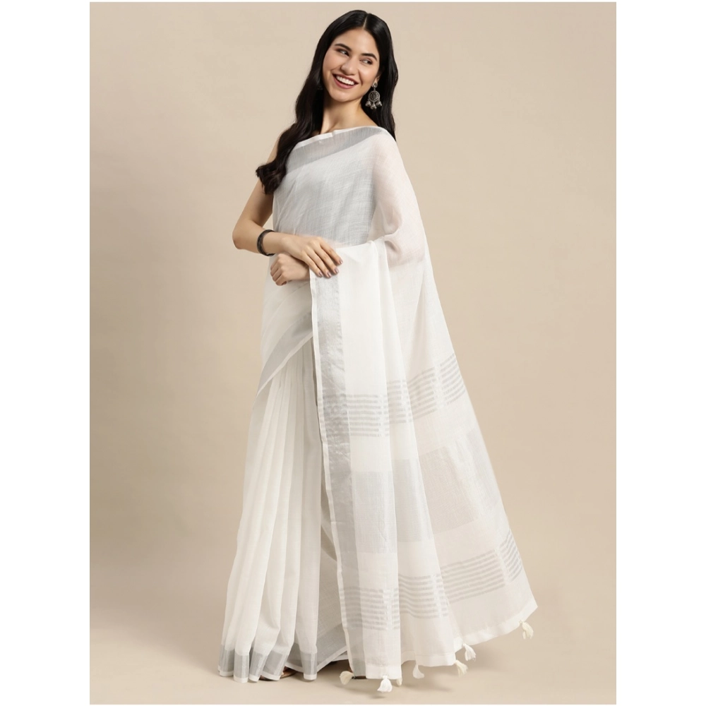 Generic Women's Linen Cotton Printed Saree With Unstitched Blouse 5.5Mtr (White) - Image 3
