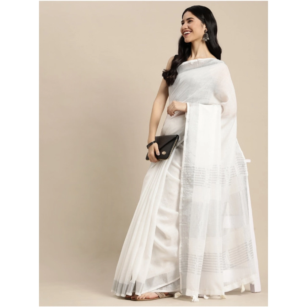 Generic Women's Linen Cotton Printed Saree With Unstitched Blouse 5.5Mtr (White) - Image 2