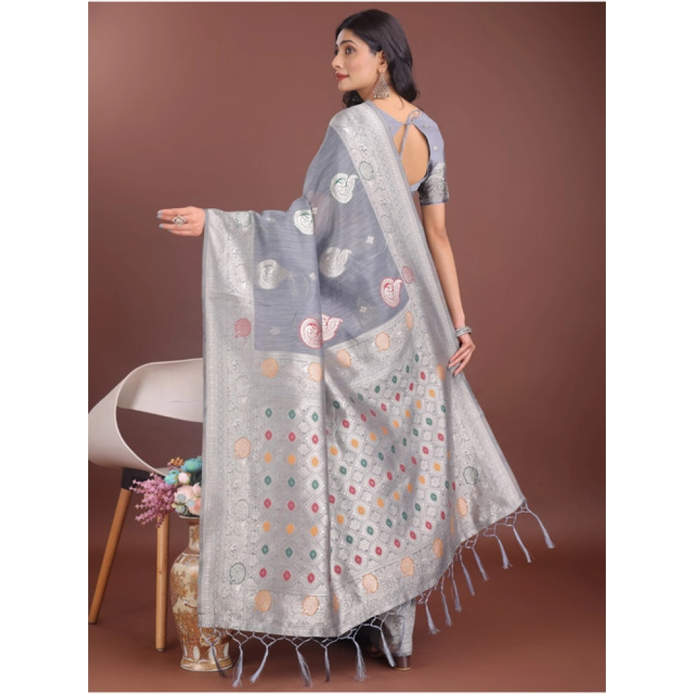 Generic Women's Linen Cotton Printed Saree With Unstitched Blouse 5.5Mtr (Grey) - Image 4