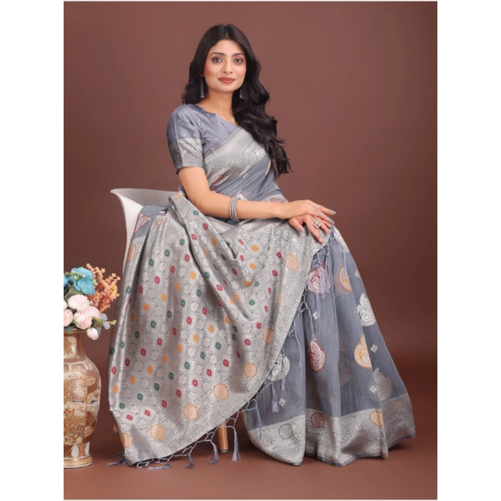 Generic Women's Linen Cotton Printed Saree With Unstitched Blouse 5.5Mtr (Grey) - Image 3