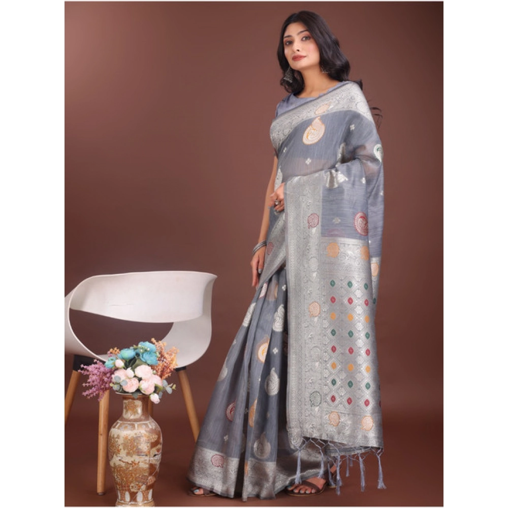 Generic Women's Linen Cotton Printed Saree With Unstitched Blouse 5.5Mtr (Grey) - Image 2