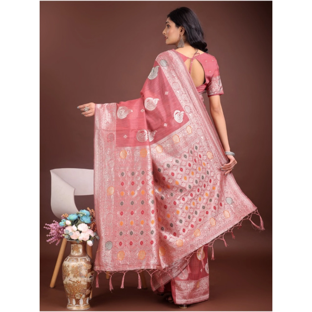Generic Women's Linen Cotton Printed Saree With Unstitched Blouse 5.5Mtr (Pink) - Image 4
