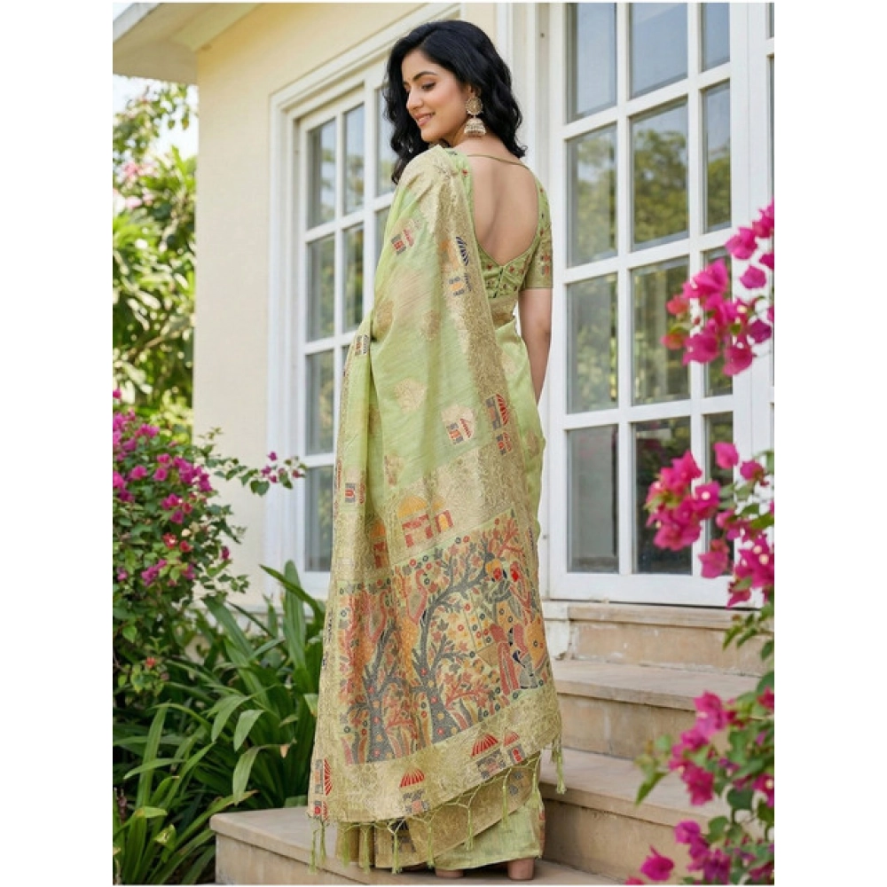 Generic Women's Linen Cotton Printed Saree With Unstitched Blouse 5.5Mtr (Light Green) - Image 3