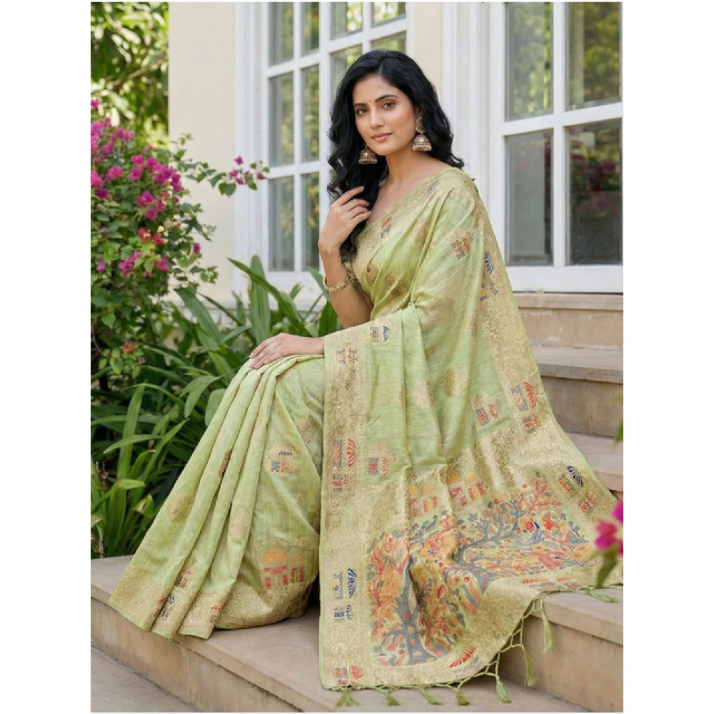 Generic Women's Linen Cotton Printed Saree With Unstitched Blouse 5.5Mtr (Light Green) - Image 2