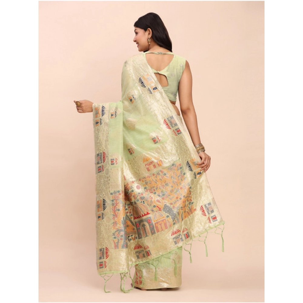 Generic Women's Linen Cotton Printed Saree With Unstitched Blouse 5.5Mtr (Light Green) - Image 4