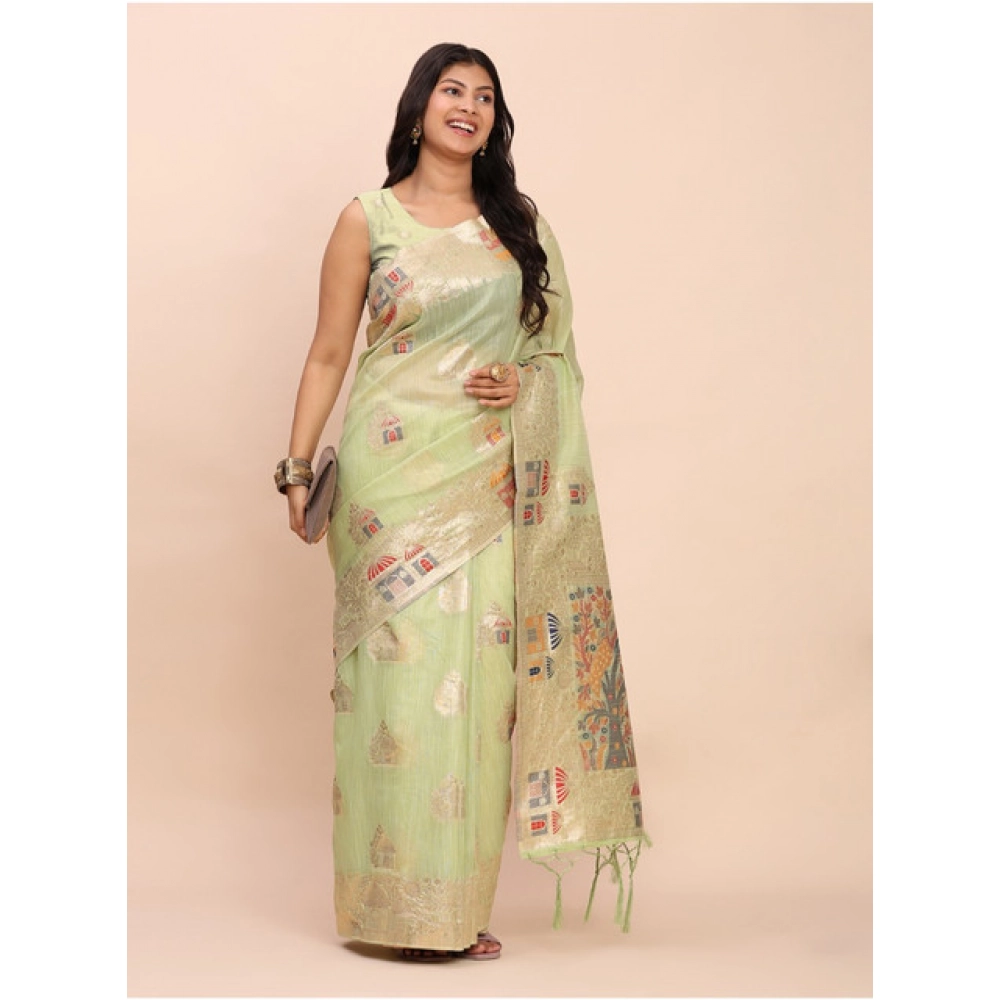 Generic Women's Linen Cotton Printed Saree With Unstitched Blouse 5.5Mtr (Light Green) - Image 3