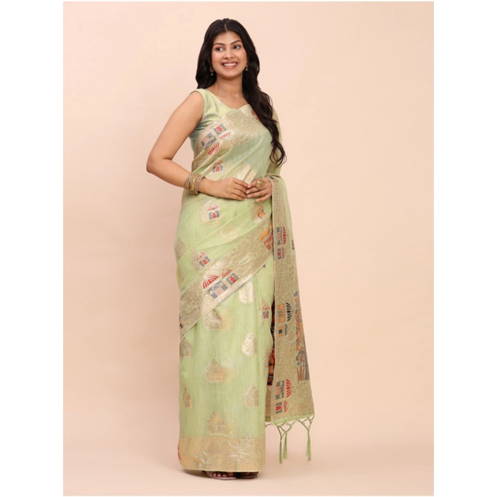 Generic Women's Linen Cotton Printed Saree With Unstitched Blouse 5.5Mtr (Light Green) - Image 2