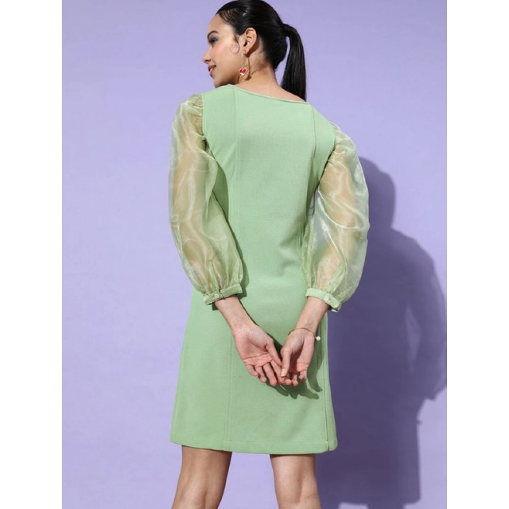 Generic Women's Organza And Polyester Lycra Solid Long Sleeves Dress (Green) - Image 3