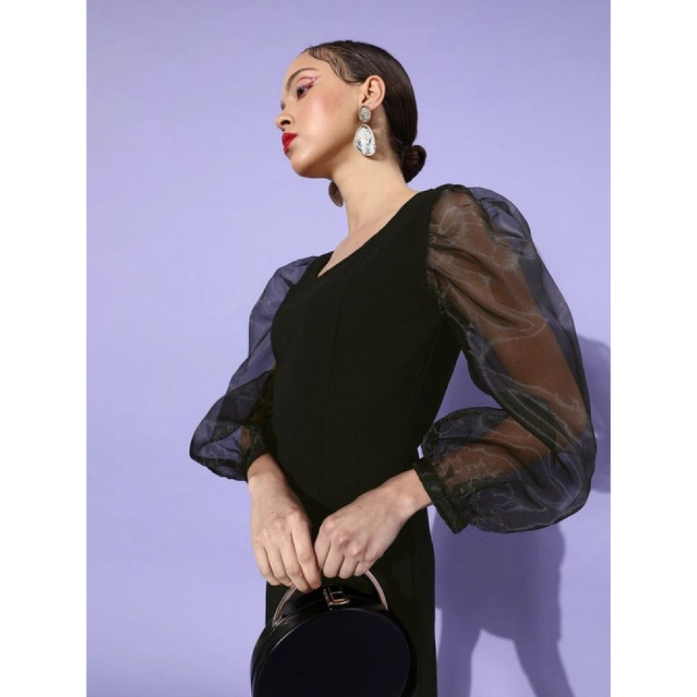 Generic Women's Organza And Polyester Lycra Solid Long Sleeves Dress (Black) - Image 5