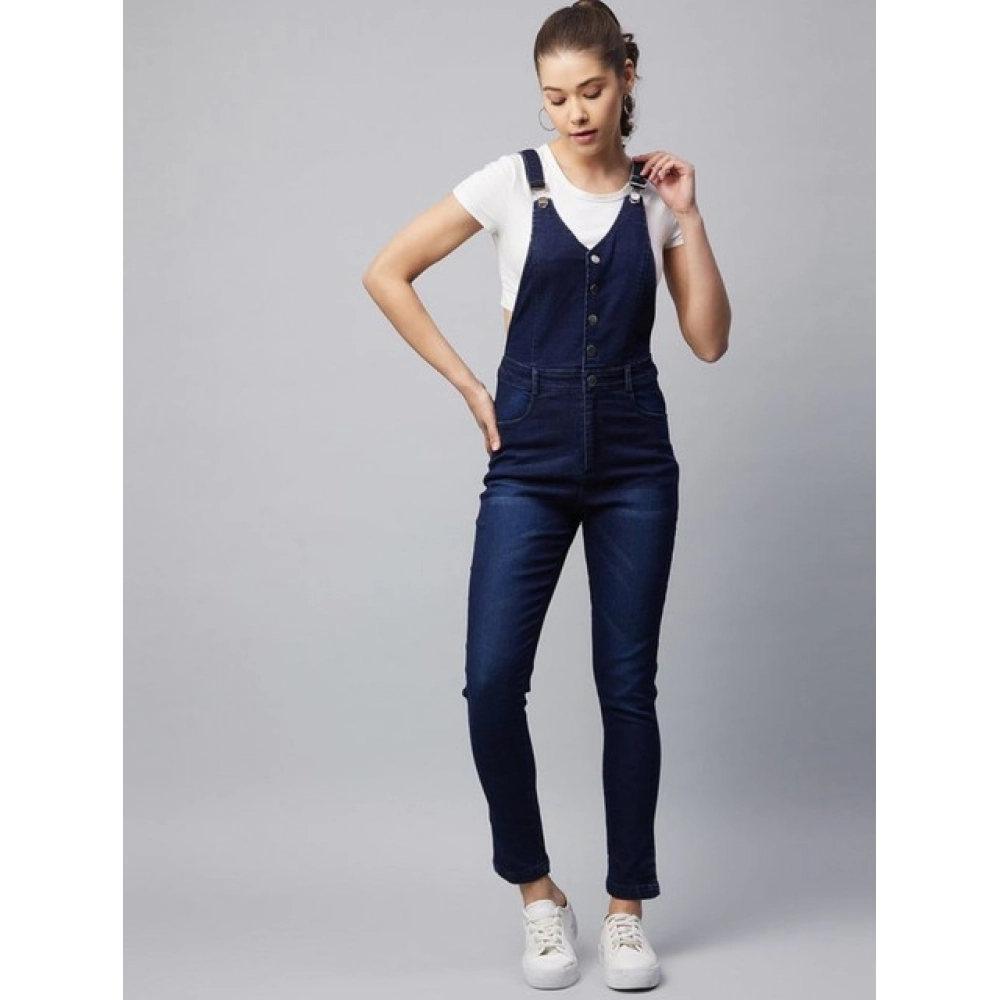 Generic Women's Denim Lycra Solid Buttoned Dungaree (Navy) - Image 5