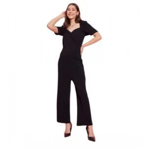 Generic Women's Polyester Lycra Solid Puff Sleeve Jumpsuit (Black)