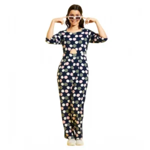 Generic Girl's Cotton Polka 3-4th Sleeve Jumpsuit (Multicolor)