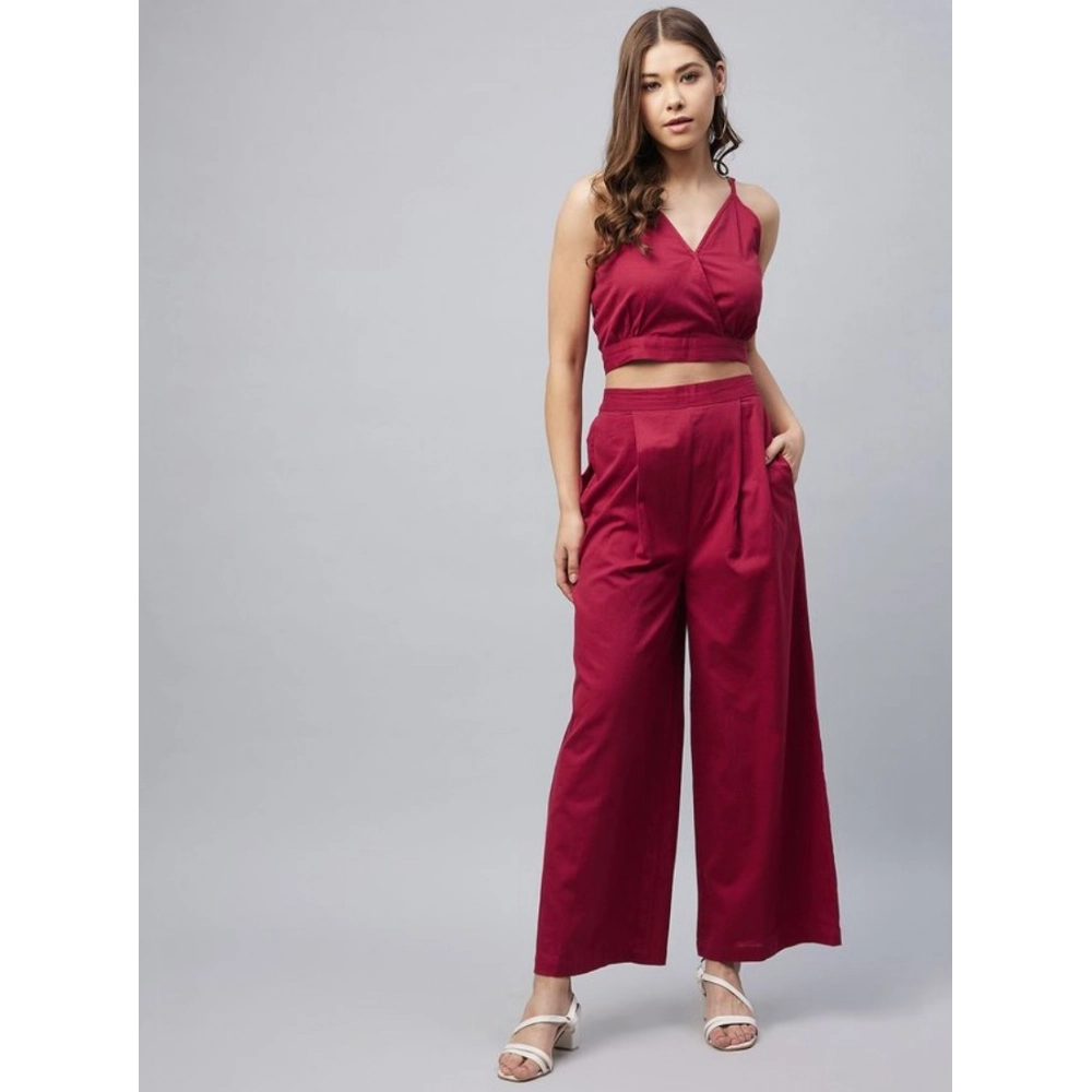 Generic Women's Cotton Linen Solid Sleeveless Crop Top and Palazzo Set (Maroon) - Image 4