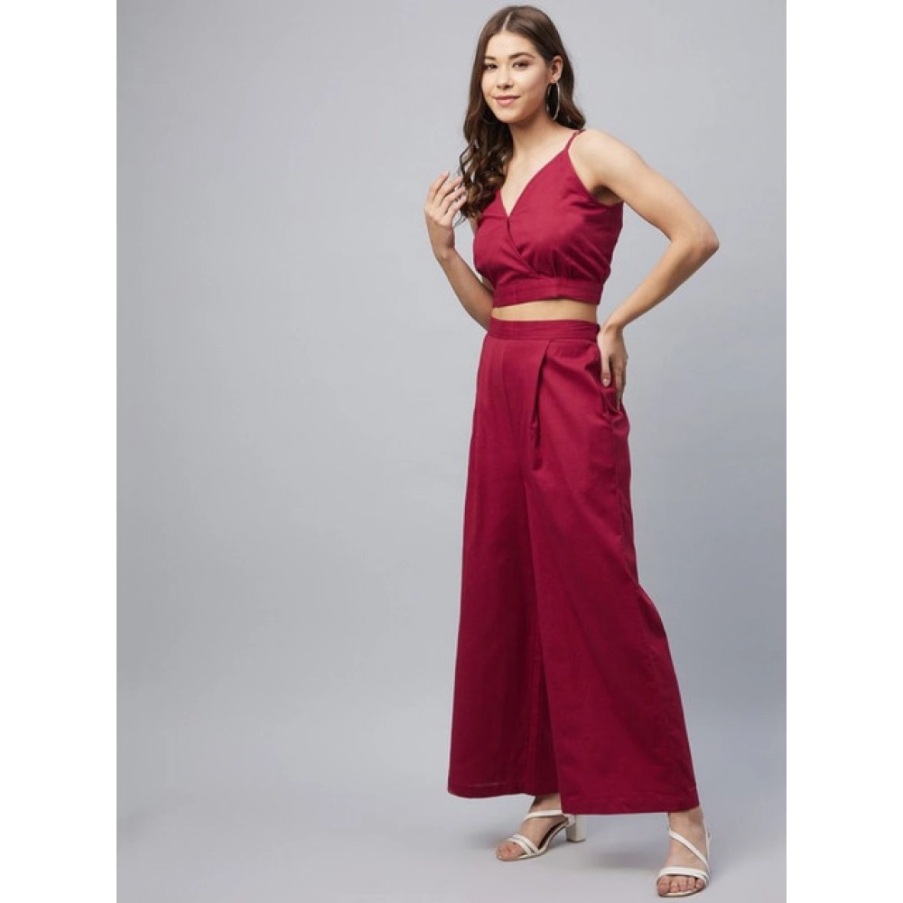 Generic Women's Cotton Linen Solid Sleeveless Crop Top and Palazzo Set (Maroon) - Image 3