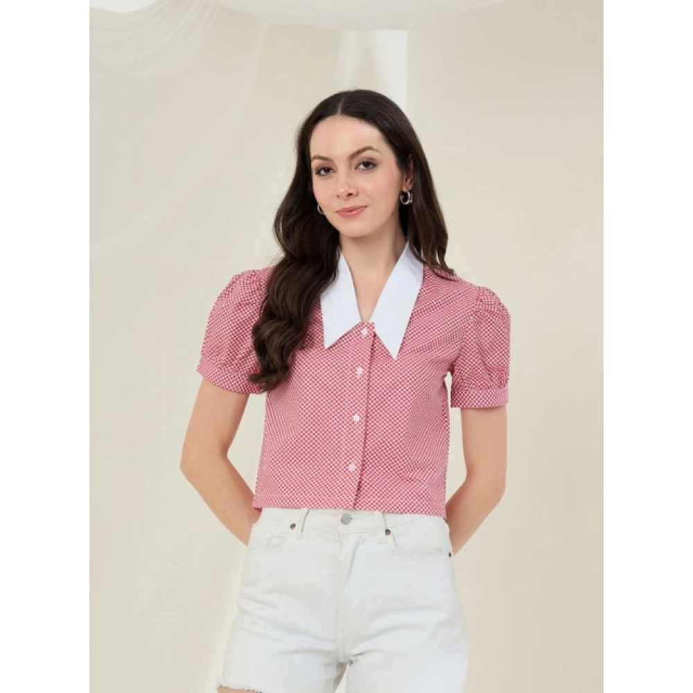 Generic Women's Cotton Checkered Half Sleeve Shirt (Red - White) - Image 5