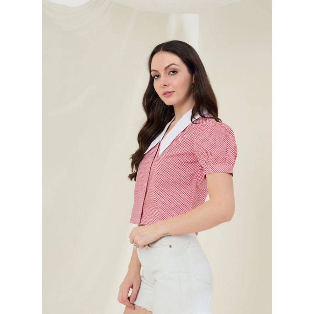 Generic Women's Cotton Checkered Half Sleeve Shirt (Red - White) - Image 4