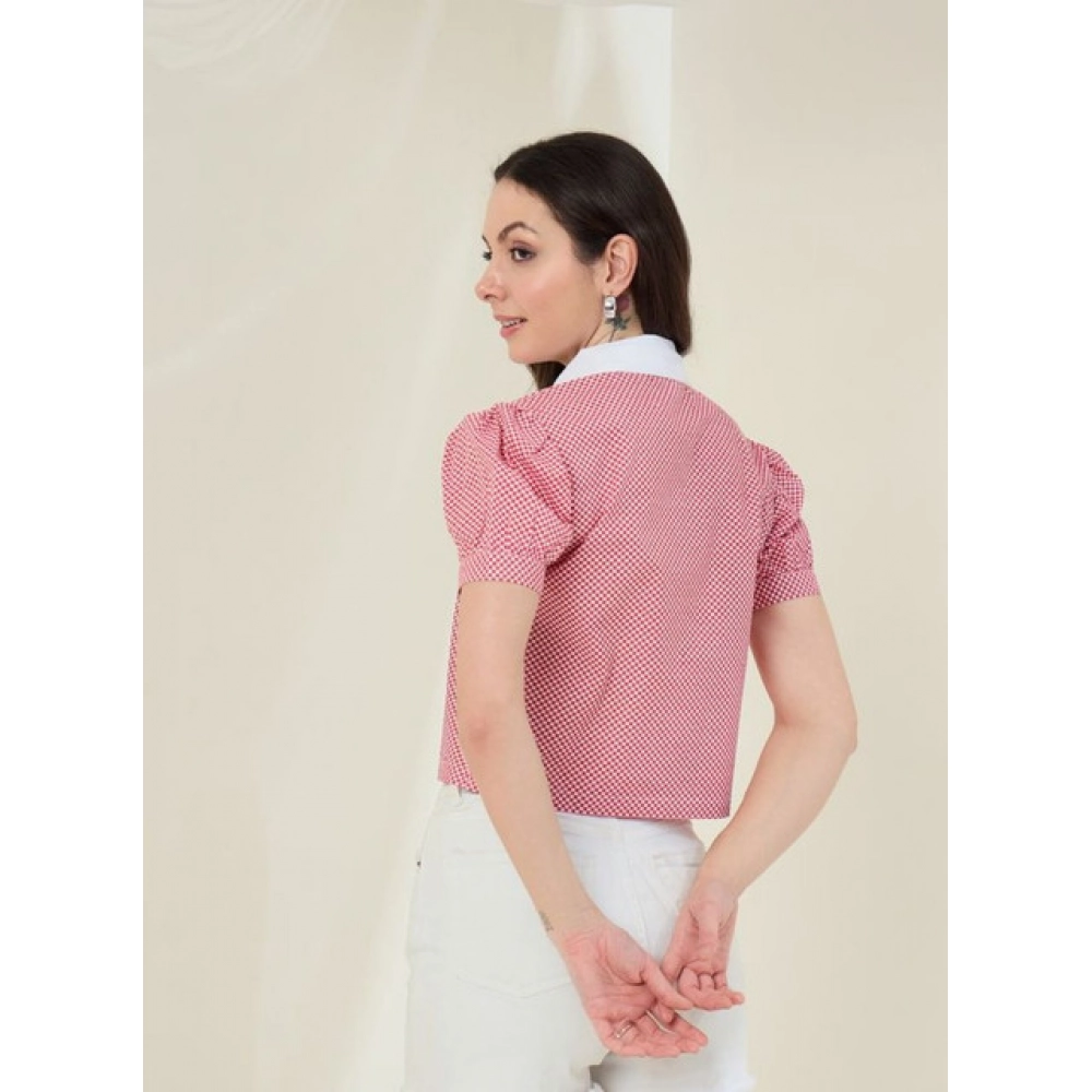 Generic Women's Cotton Checkered Half Sleeve Shirt (Red - White) - Image 3