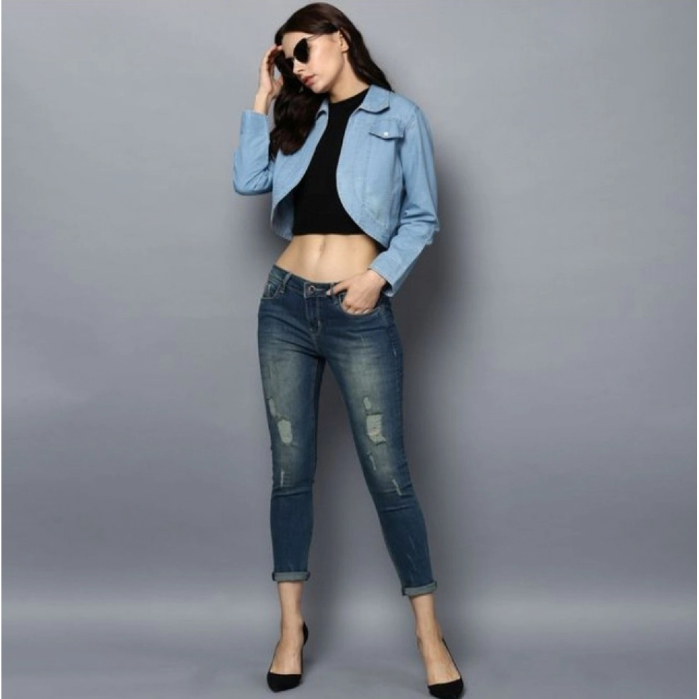 Generic Women's Denim Solid 3-4th Sleeves Shrug (Blue) - Image 3
