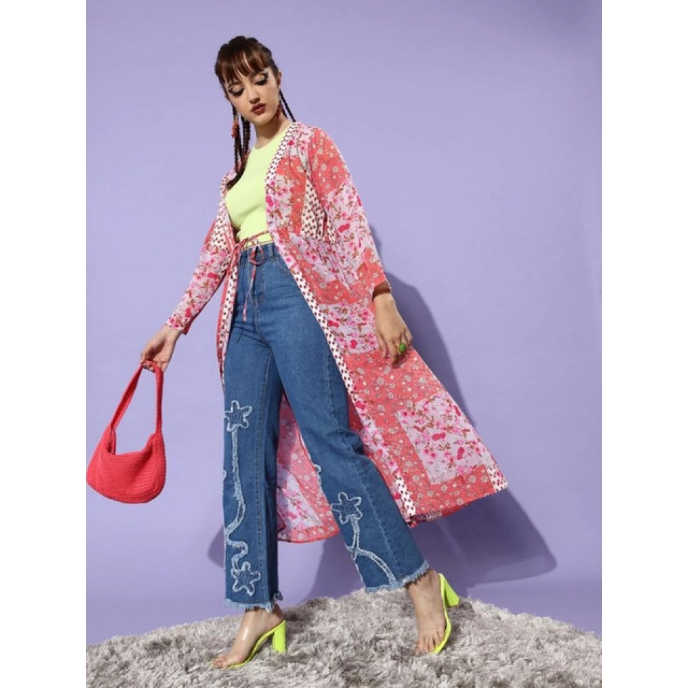 Generic Women's Polyester Floral Long Sleeves Shrug (Pink-Coral) - Image 5
