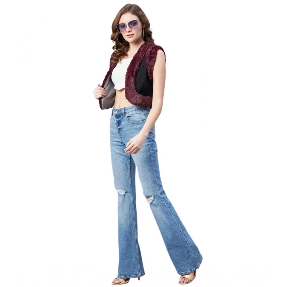 Generic Women's Denim And Fur Solid Sleeveless Shrug (Black - Maroon)