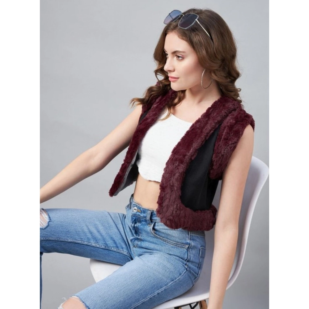 Generic Women's Denim And Fur Solid Sleeveless Shrug (Black - Maroon) - Image 2