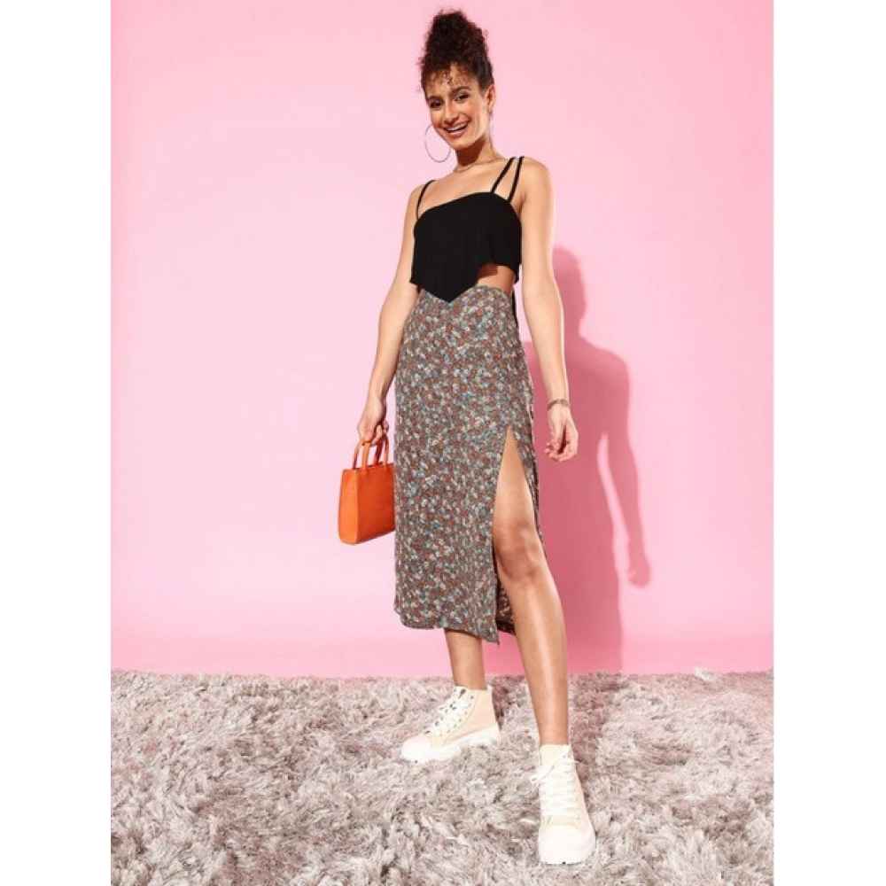 Generic Women's Polyester Floral Side Zip Skirt (Grey - Coral) - Image 5