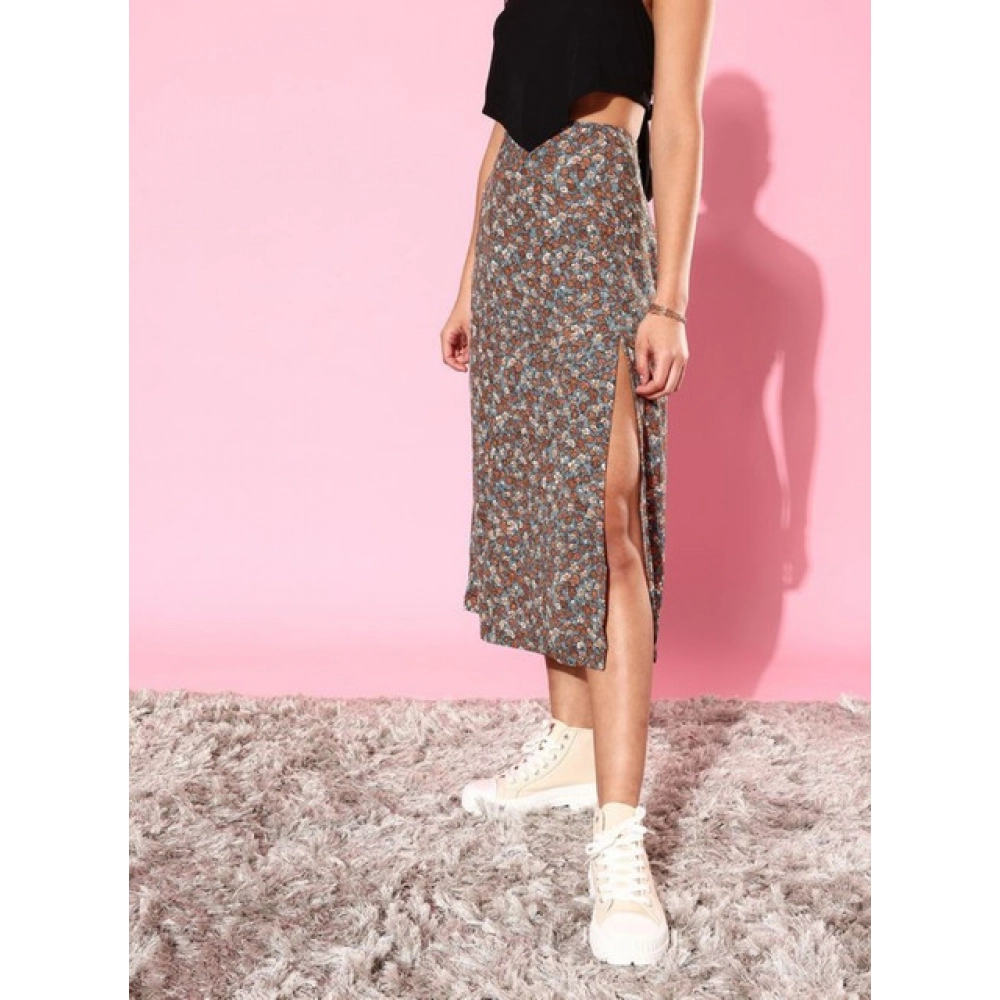 Generic Women's Polyester Floral Side Zip Skirt (Grey - Coral) - Image 4