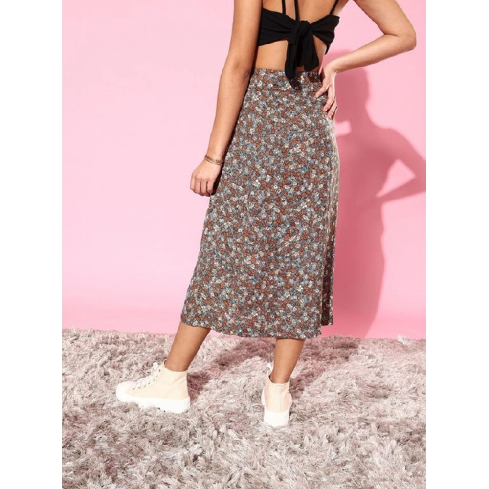 Generic Women's Polyester Floral Side Zip Skirt (Grey - Coral) - Image 3