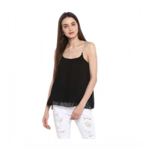 Generic Women's Polyester Embellished Shoulder Straps Top (Black)
