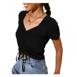 Generic Women's Polyester Lycra Solid Short Sleeve Top (Black)