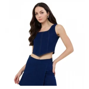 Generic Women's Denim Lycra Solid Sleeveless Top (Blue)