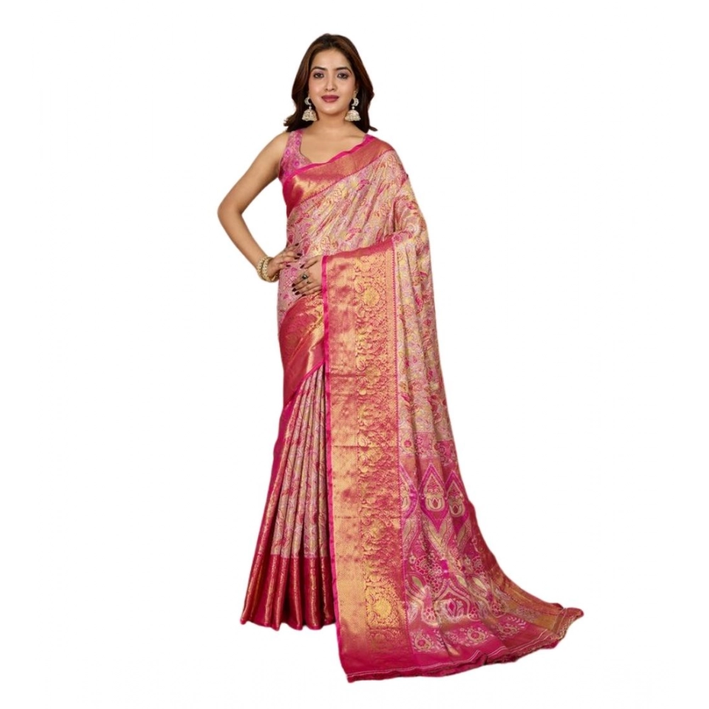 Generic Women's Jacquard Saree With Unstitched Blouse 5.5Mtr (Pink) - Image 4