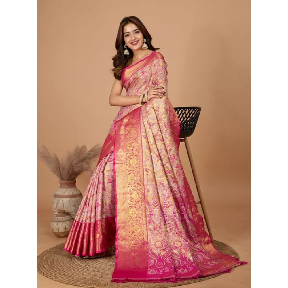 Generic Women's Jacquard Saree With Unstitched Blouse 5.5Mtr (Pink) - Image 3