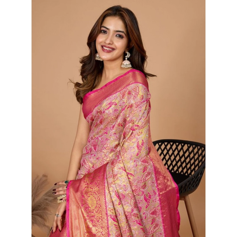 Generic Women's Jacquard Saree With Unstitched Blouse 5.5Mtr (Pink) - Image 2