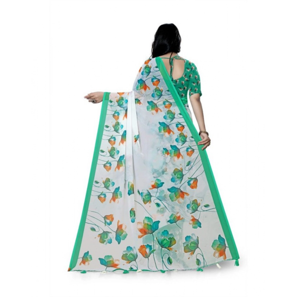 Generic Women's Georgette Floral Printed Saree With Unstitched Blouse 5.5Mtr (Green) - Image 3