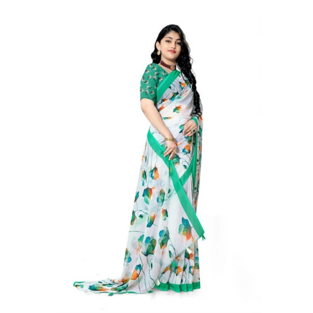 Generic Women's Georgette Floral Printed Saree With Unstitched Blouse 5.5Mtr (Green) - Image 2