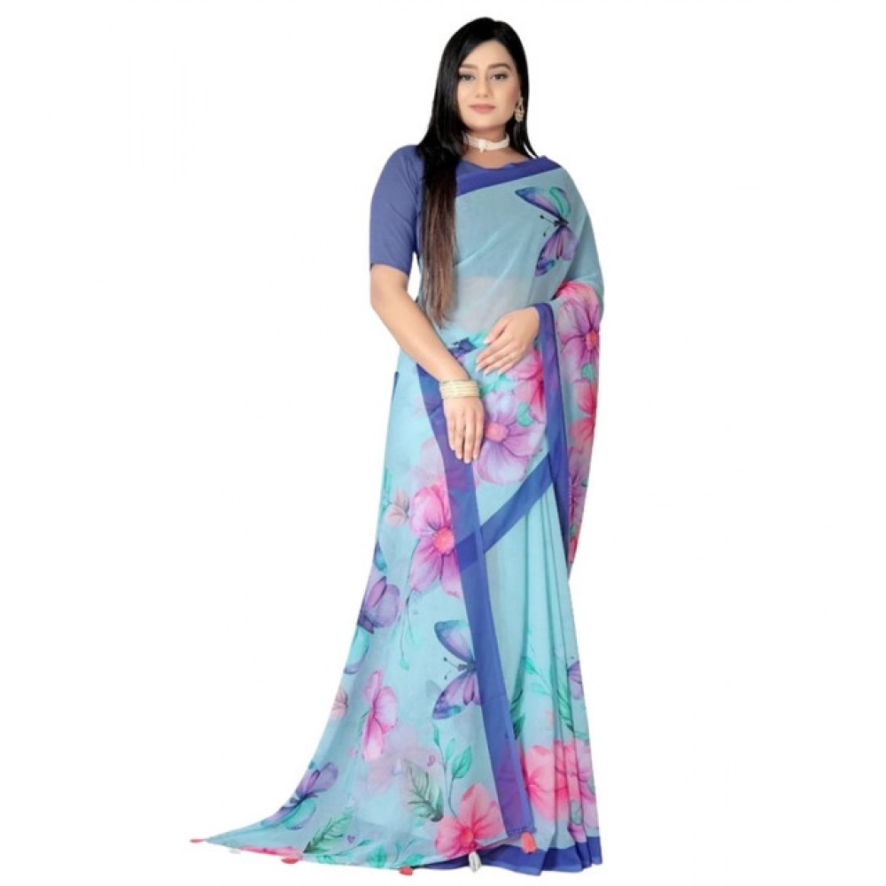 Generic Women's Georgette Floral Printed Saree With Unstitched Blouse 5.5Mtr (Blue)