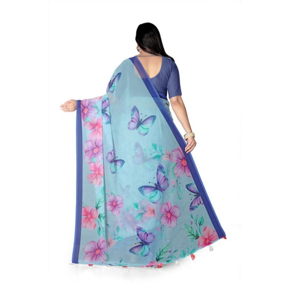 Generic Women's Georgette Floral Printed Saree With Unstitched Blouse 5.5Mtr (Blue) - Image 4