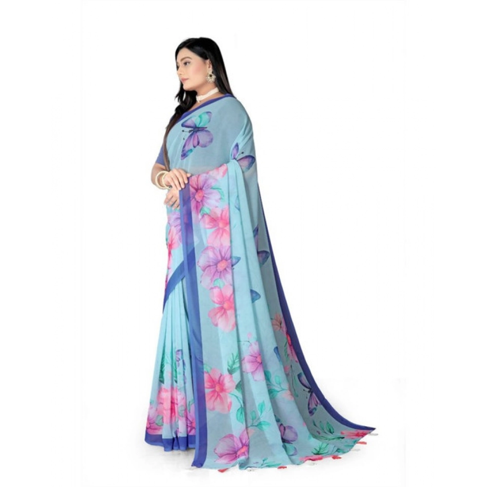 Generic Women's Georgette Floral Printed Saree With Unstitched Blouse 5.5Mtr (Blue) - Image 3