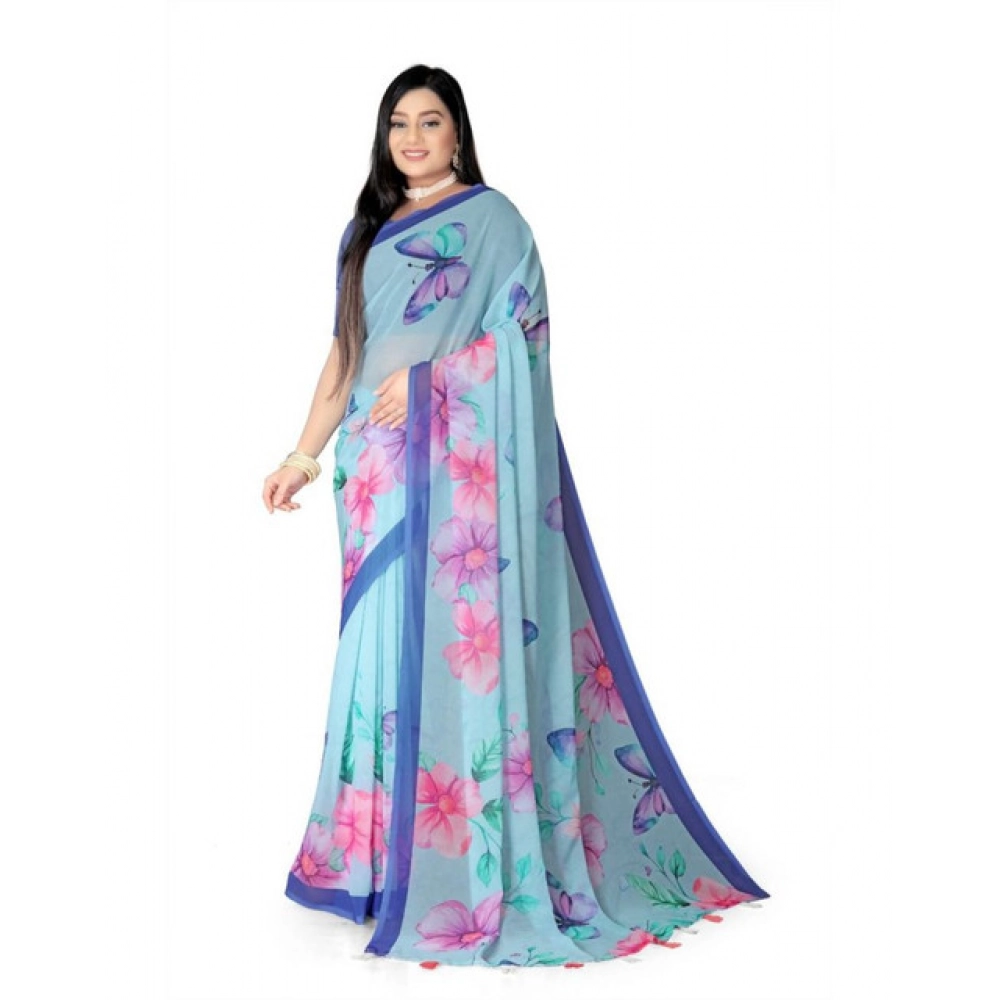 Generic Women's Georgette Floral Printed Saree With Unstitched Blouse 5.5Mtr (Blue) - Image 2