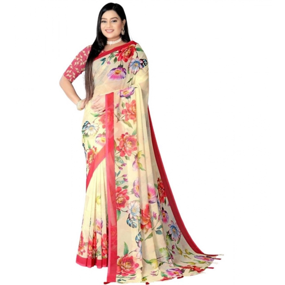 Generic Women's Georgette Floral Printed Saree With Unstitched Blouse 5.5Mtr (Yellow)