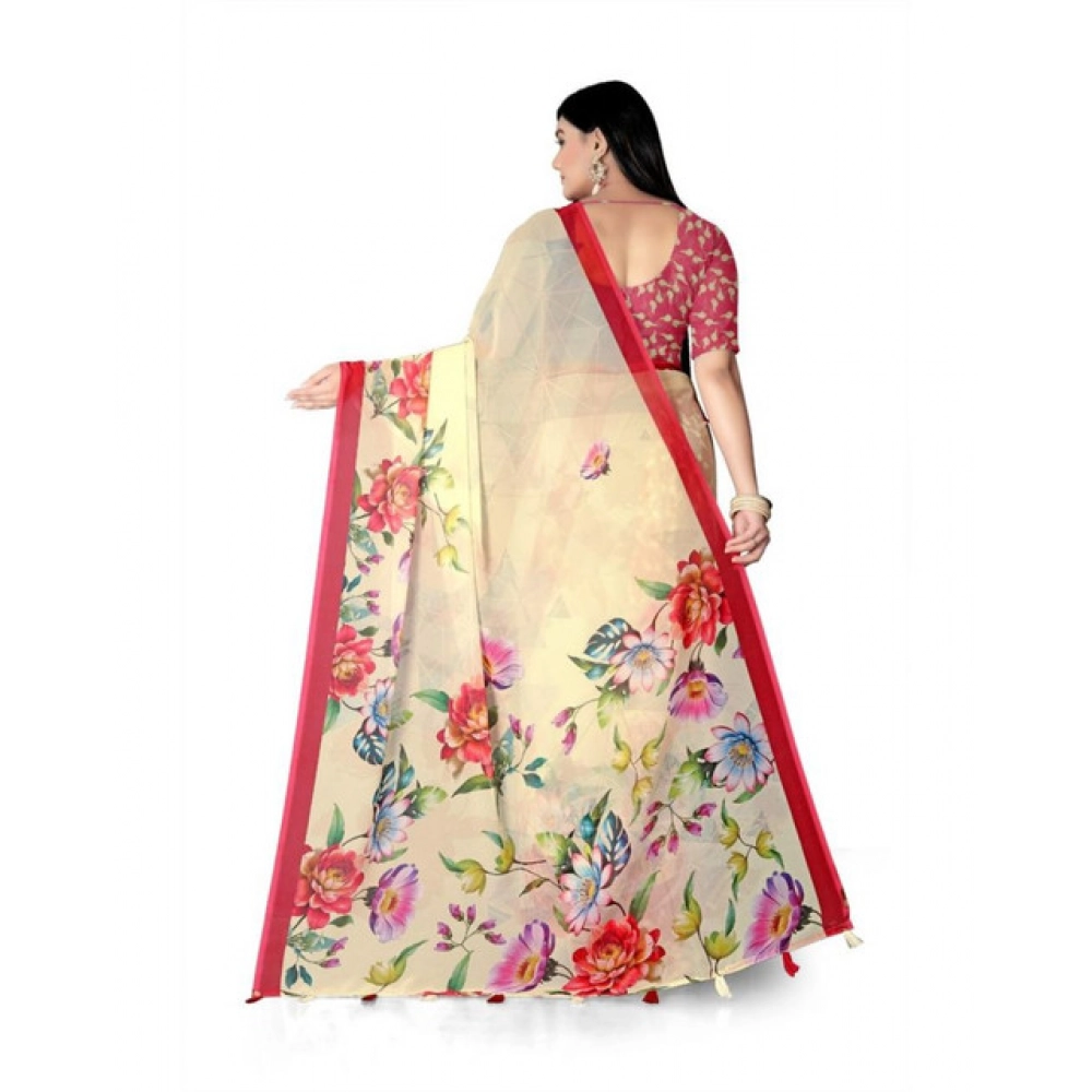 Generic Women's Georgette Floral Printed Saree With Unstitched Blouse 5.5Mtr (Yellow) - Image 4