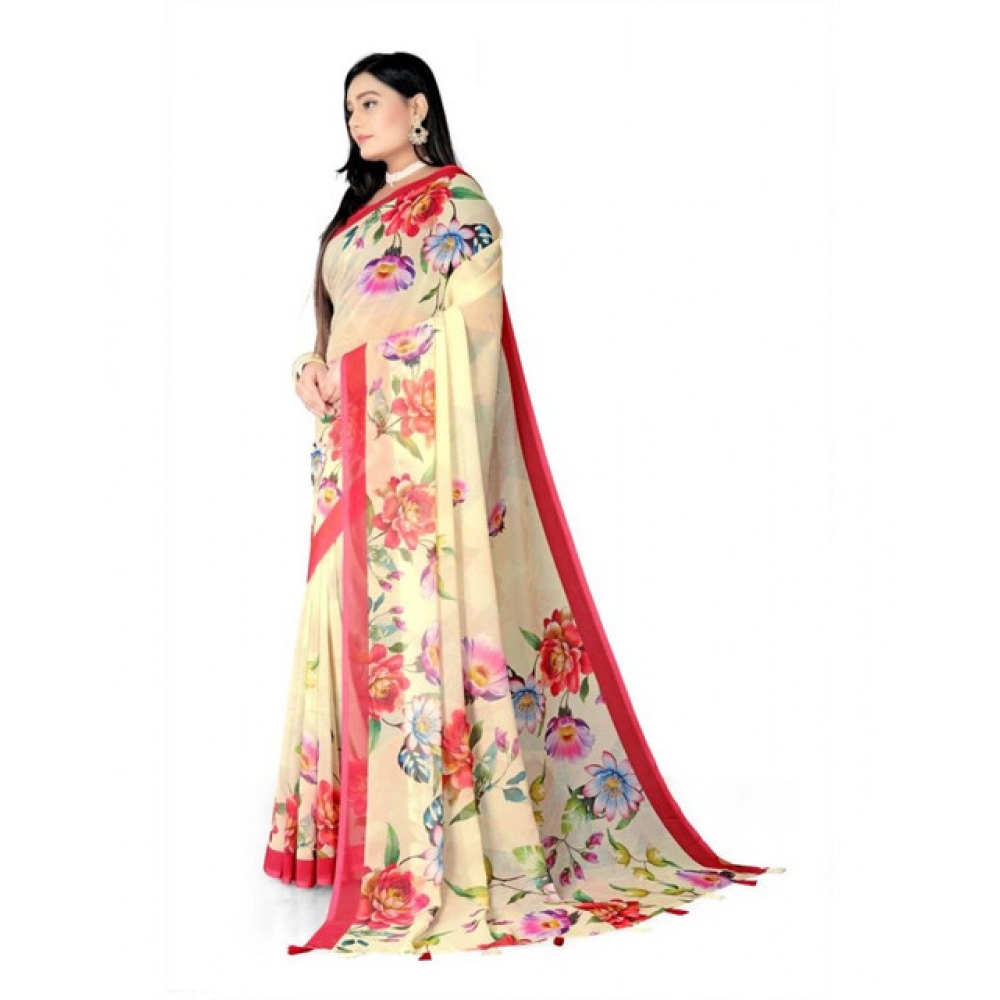 Generic Women's Georgette Floral Printed Saree With Unstitched Blouse 5.5Mtr (Yellow) - Image 3