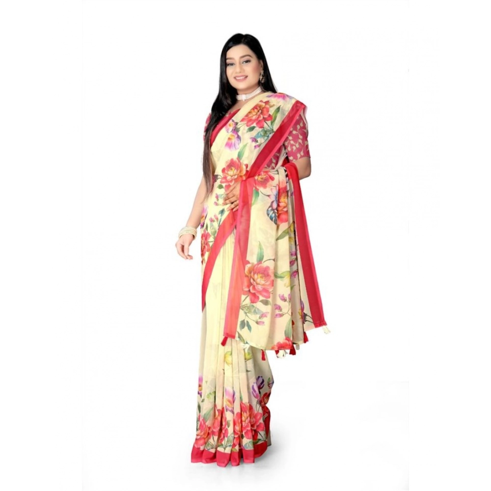 Generic Women's Georgette Floral Printed Saree With Unstitched Blouse 5.5Mtr (Yellow) - Image 2